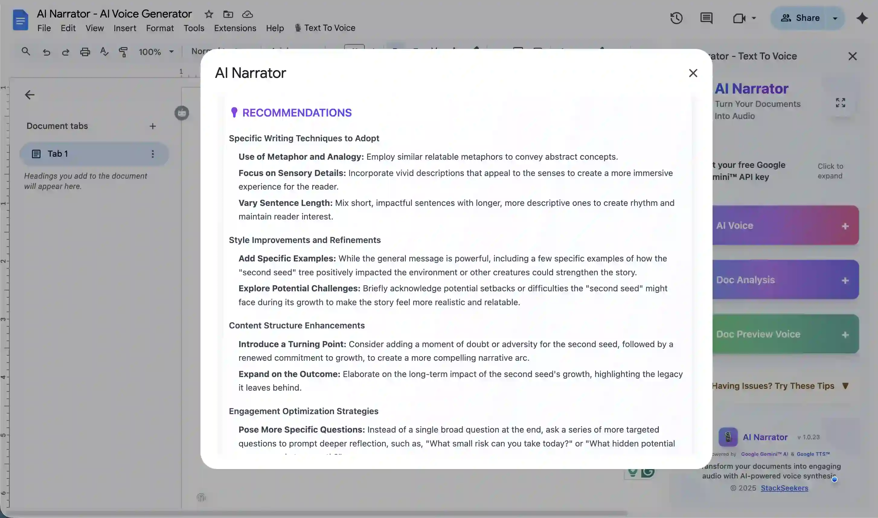 AI Writing Recommendations showing specific techniques, style improvements, content structure enhancements, and engagement optimization strategies