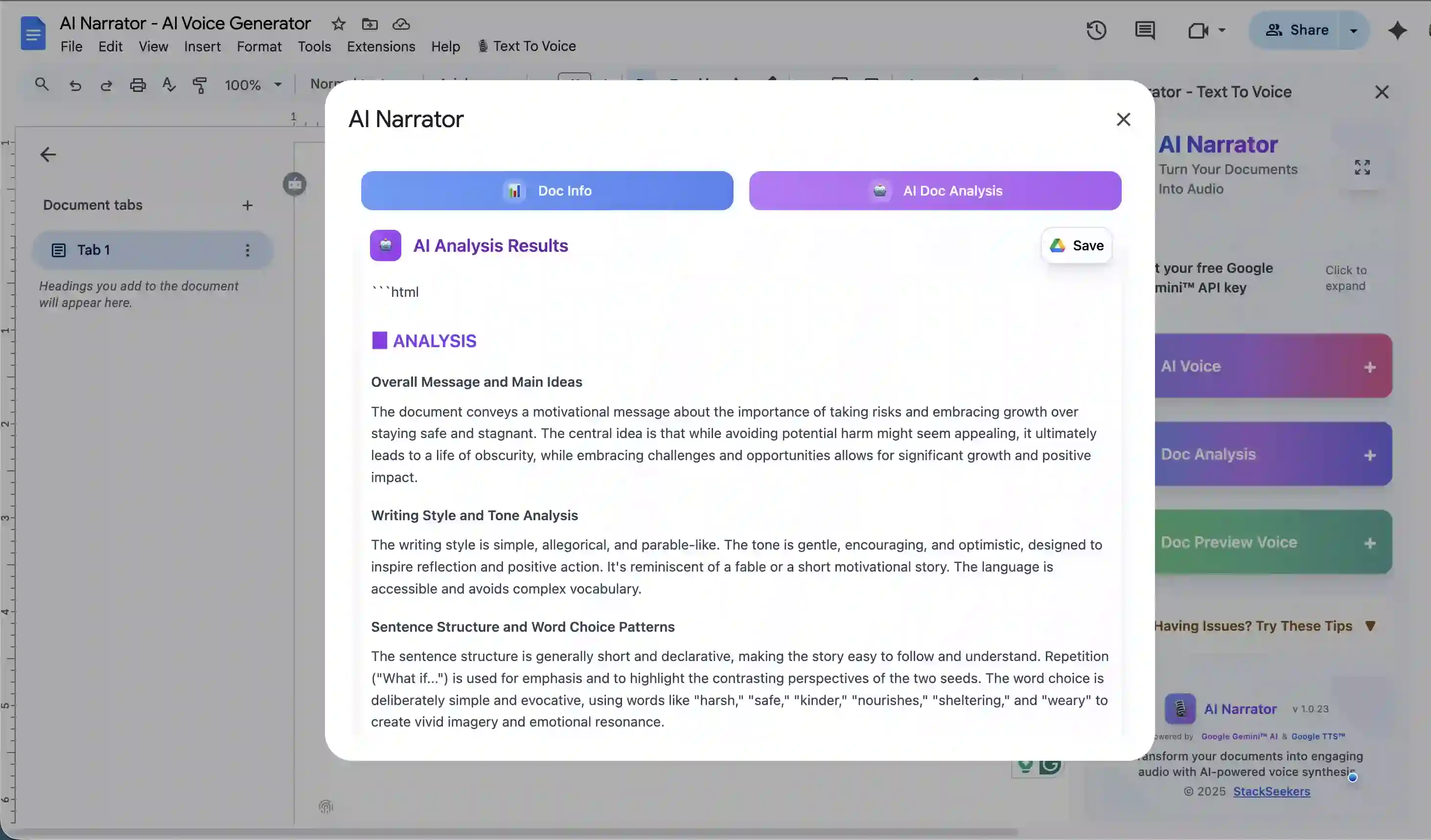 AI Analysis Results showing document analysis with overall message, writing style, and sentence structure insights